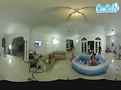teen latina lesbians oil wrestling with their big booty step-sisters in VR