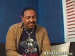 busty white bitch Katie Thomas sucks a huge interracial dong