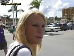 Blonde with big natural jugs gives a sweet street blowjob
