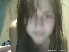 Skinny Russian teen is sucking a dick on the webcam