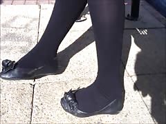 Black pantyhose and flats shoeplay